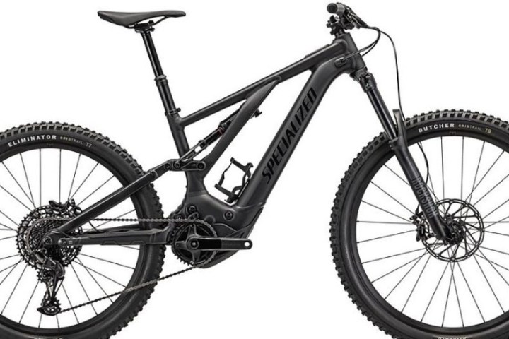 Black full-suspension mountain bike with large tires and visible branding.