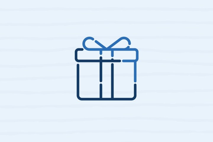 Simple blue outline of a gift box with a bow on light striped background.