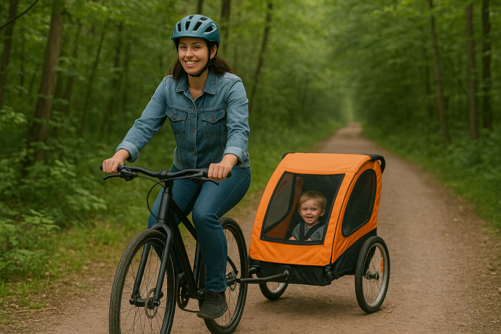 Person biking on wooded trail, pulling a child in an orange bike trailer.
