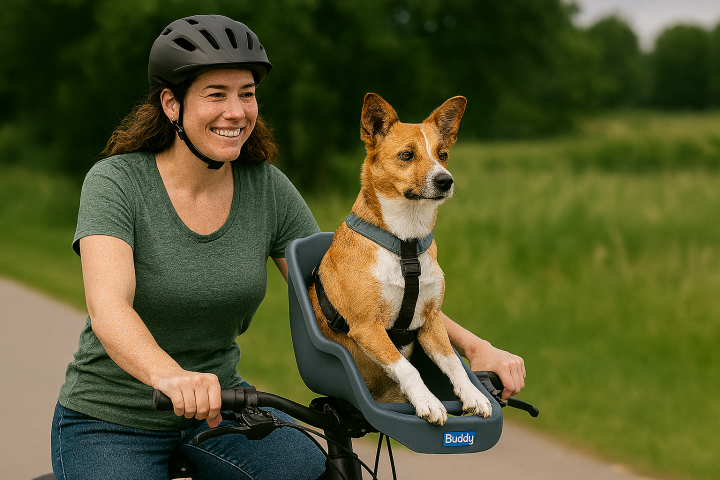 Woman biking with dog in a seat on bike's handlebars in a park.