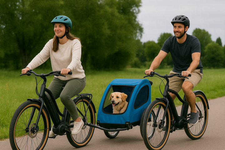 Two cyclists riding with a dog in a blue trailer on a path through a green park.