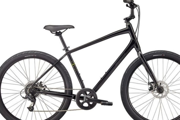 Black bicycle with a sleek frame on a white background.