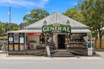 Front view of a vintage-themed general store with a green sign, surrounded by trees.